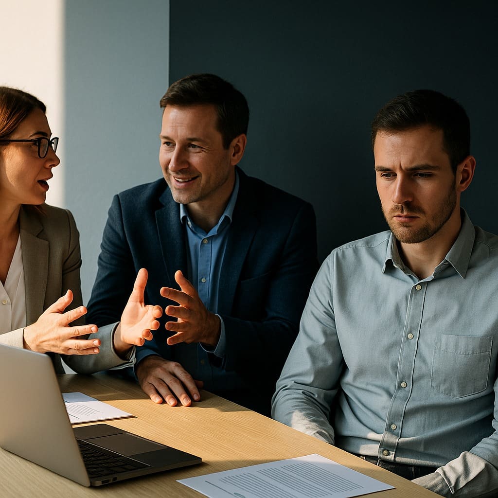 Professionals discussing salary transparency and pay equity in workplace meeting