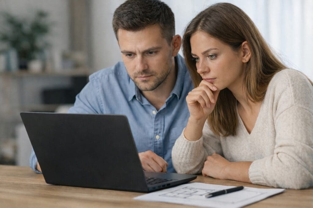 Cuplu analizând tur virtual al unei proprietăți pe laptop înainte de vizionare, evaluând compartimentarea, planul 2D și prezentarea imobiliară online pentru decizia de cumpărare.