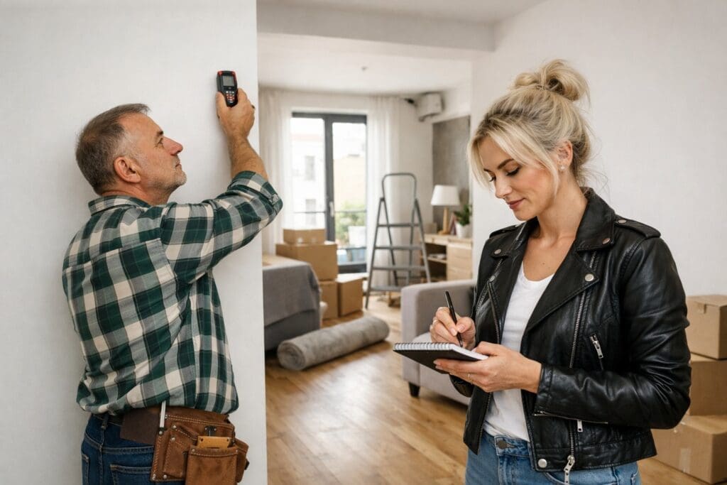 Măsurarea dimensiunilor unui apartament înainte de vânzare, folosind telemetru laser, în cadrul procesului de pregătire și prezentare profesională a proprietății pentru promovare imobiliară.
